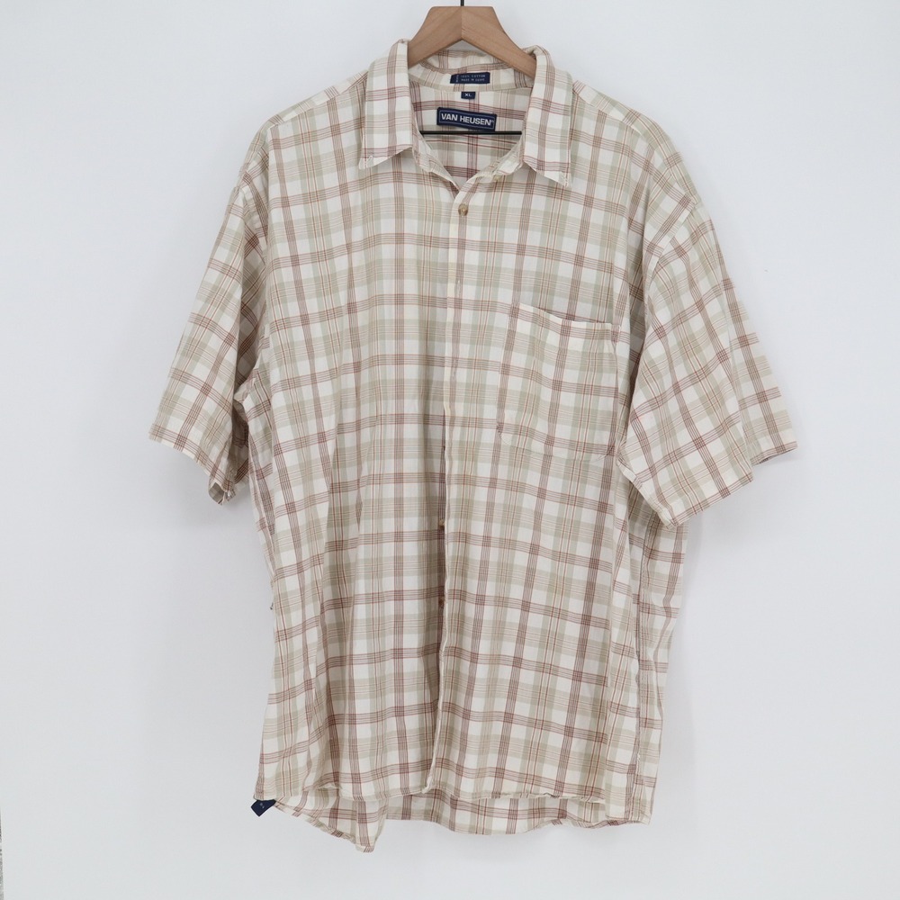 Van Heusen Button-Down Mens XL Plaid Beige Short Sleeve Cotton Excellent
